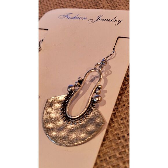 1-1/2" Tribal Fan Dangle Aluminum Alloy French Wire Earring Silver Lightweight - Picture 2 of 5